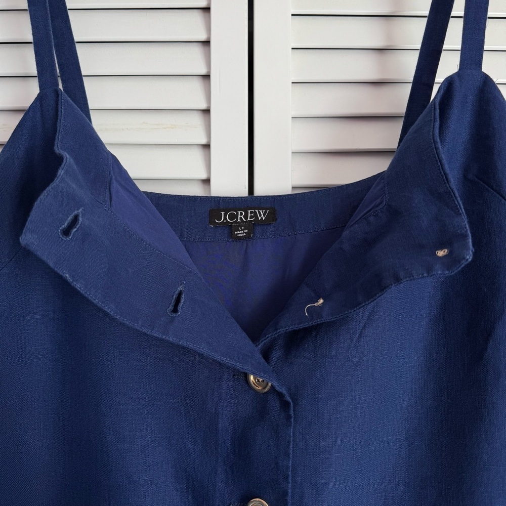 J.Crew Claudia Linen Navy Dress Buttons Front Straps Tennis Prep Large Tall - Picture 6 of 11